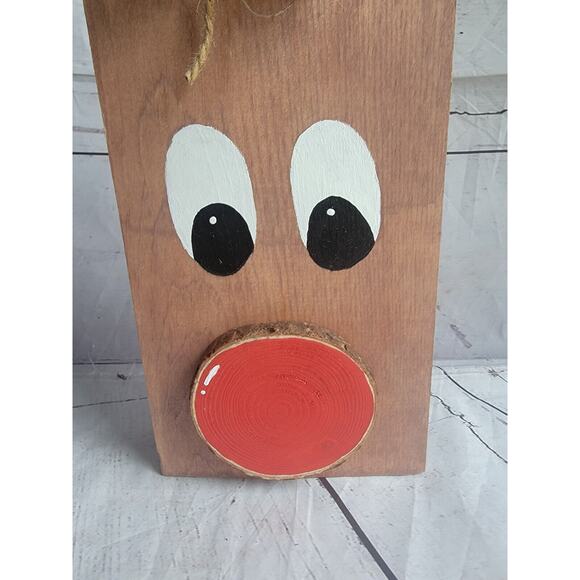 Handmade Handpainted Wooden Rudolph Red Nose Reindeer Decor Christmas Sitter - Picture 2 of 7